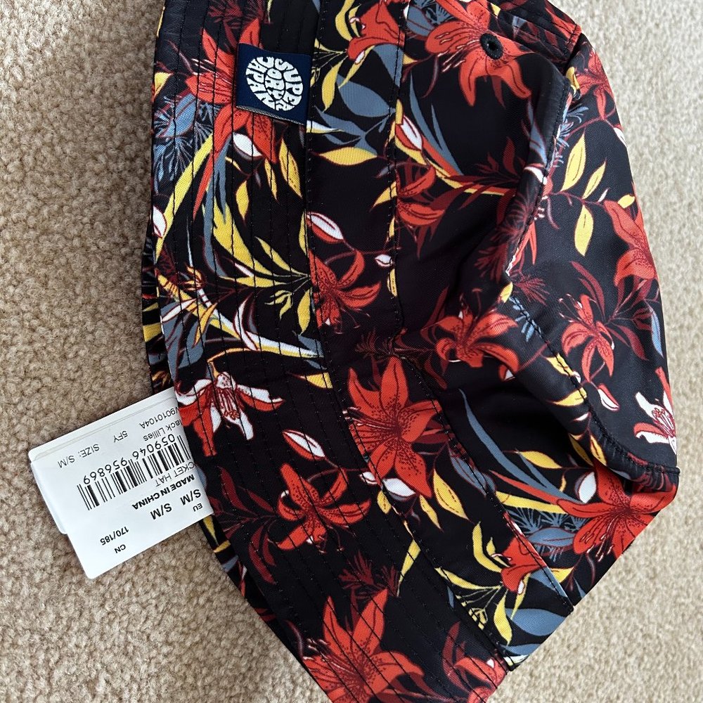 Superdry Bucket Hat, S/M, Black Lillies Pattern, NWT